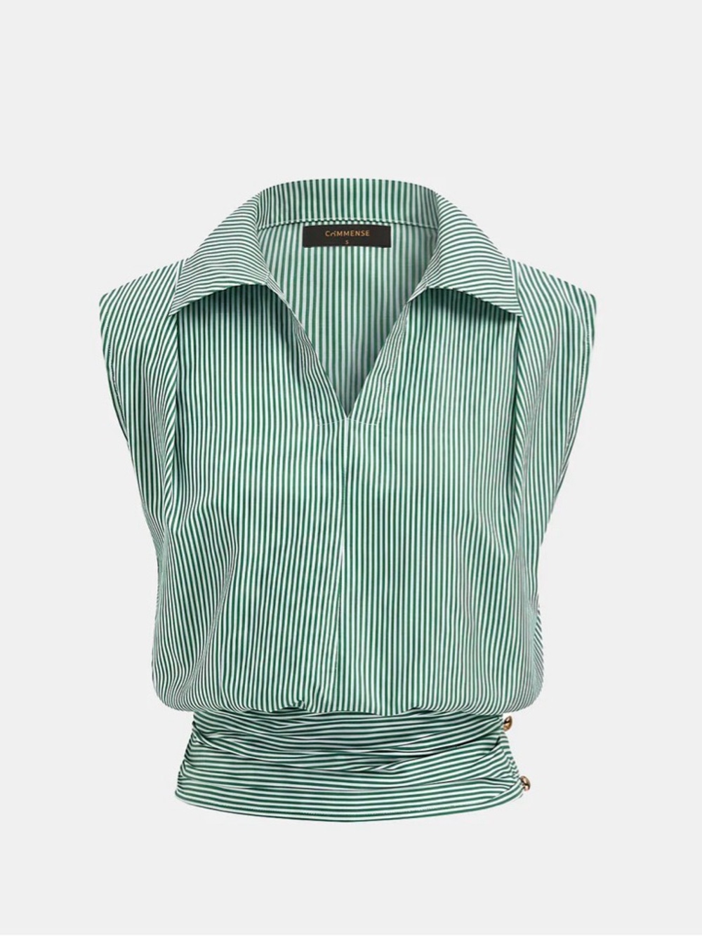 Commense Green and White Striped Sleeveless Collared cinched Blouse